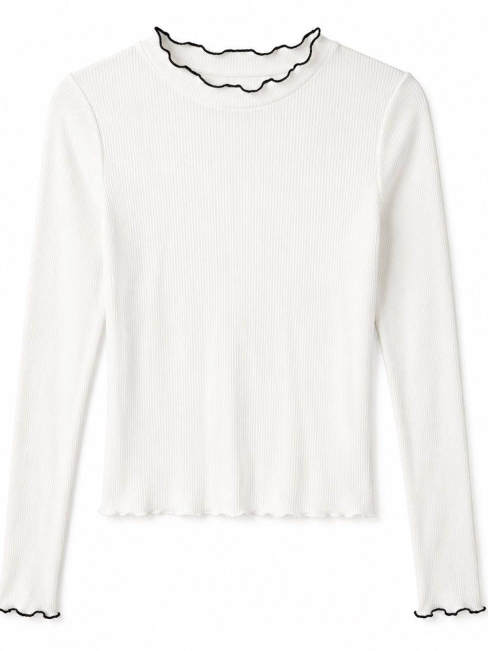 Zara White Ribbed Long Sleeve Top Size S Contrast Trim Fitted